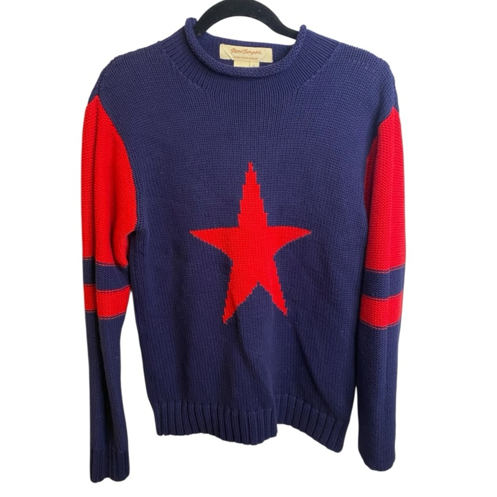 Norm Thompson Blue and Red Crewneck Sweater with Star Design